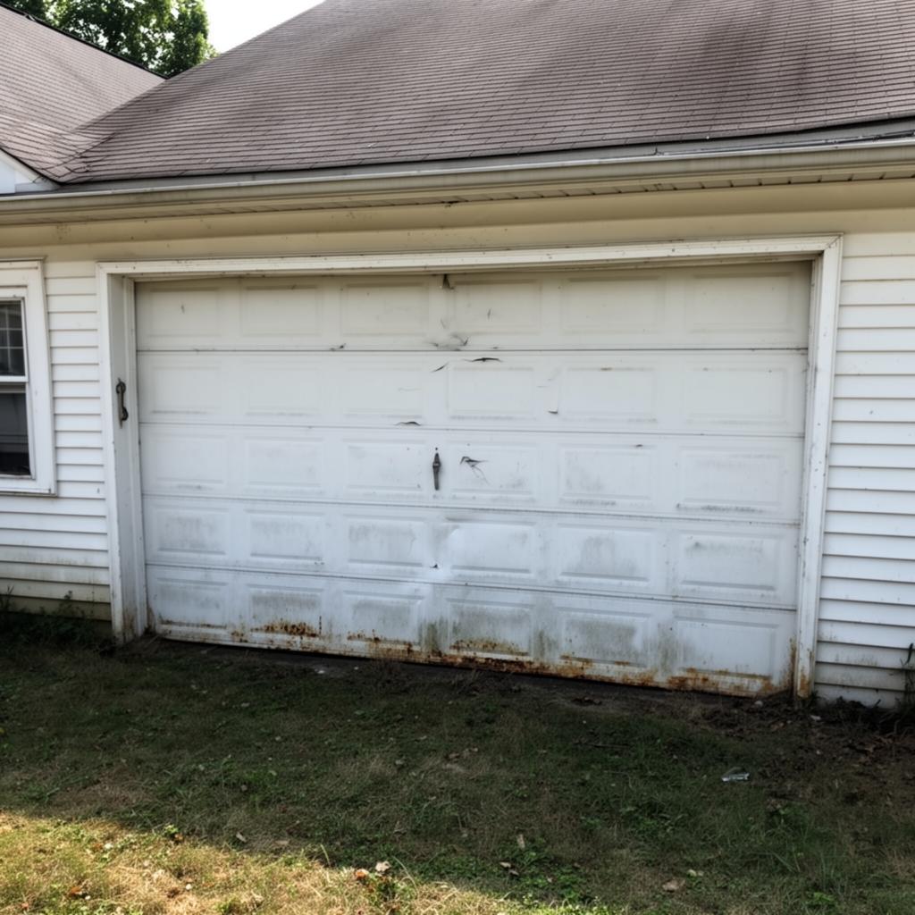 Old damaged garage door before replacement